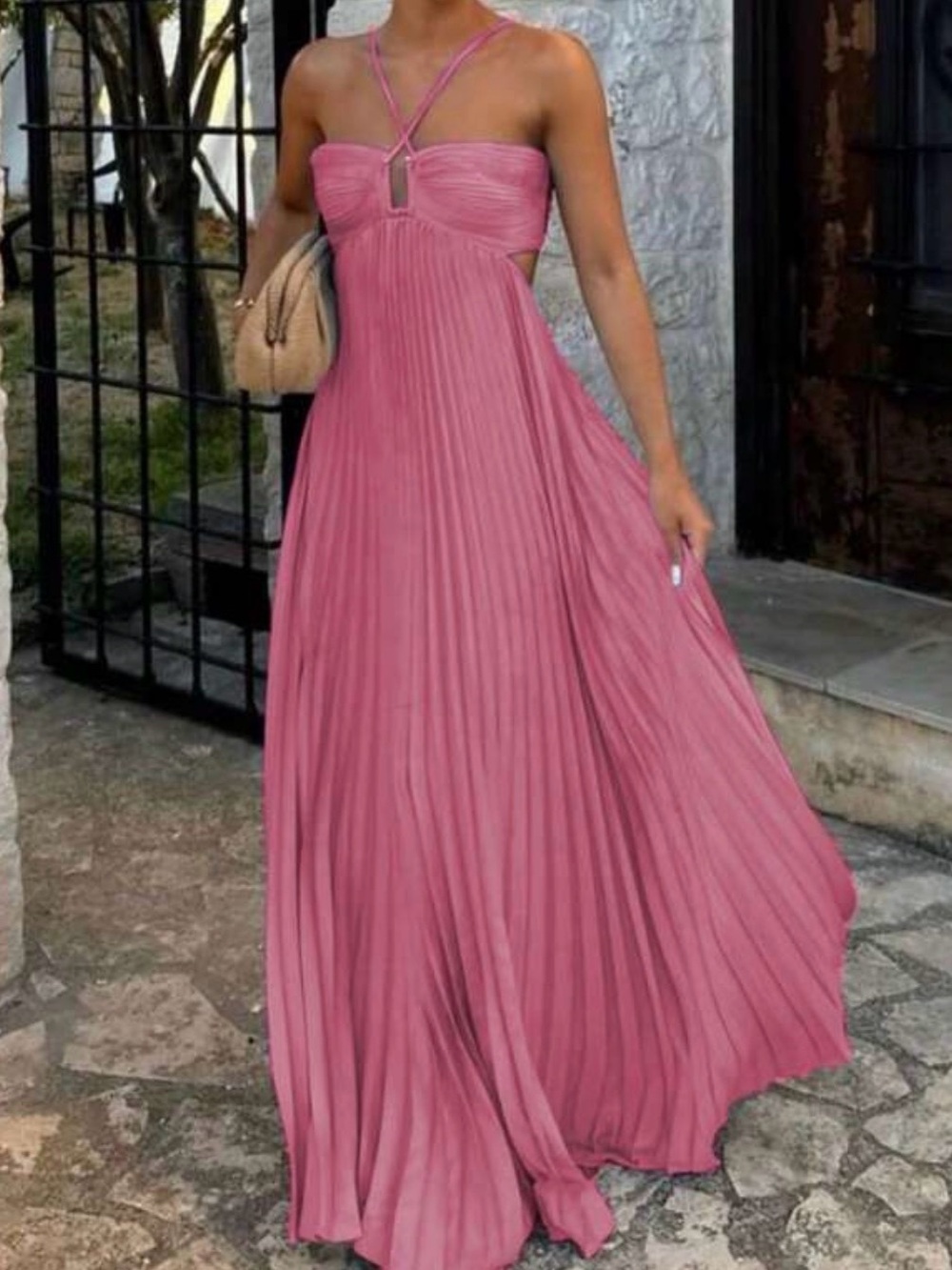 Strap Detail Pleated Maxi Dress - Pink